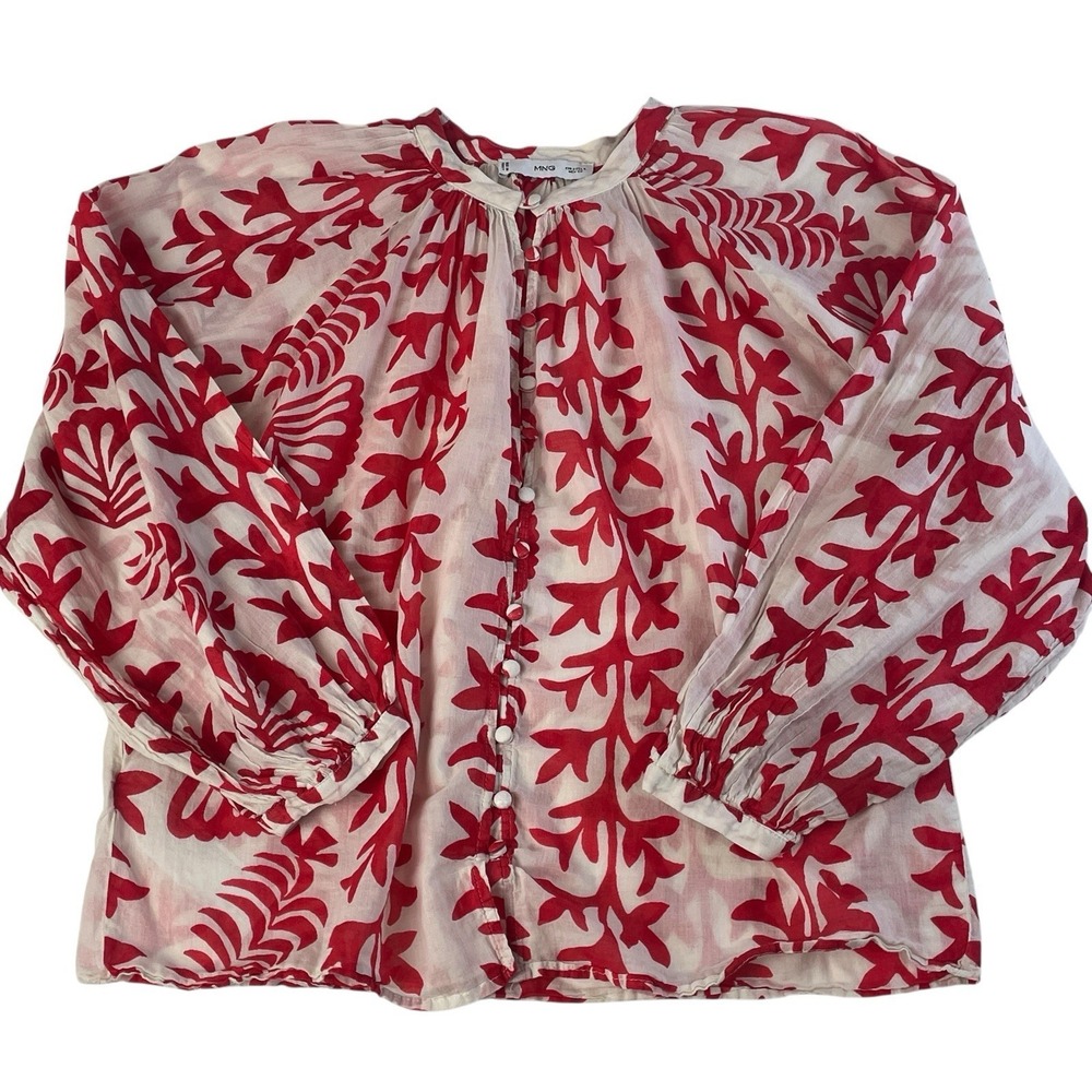 Mango MNG Red Floral Cotton Blouse Coastal Puff Sleeve Top Size 4 - Picture 10 of 10
